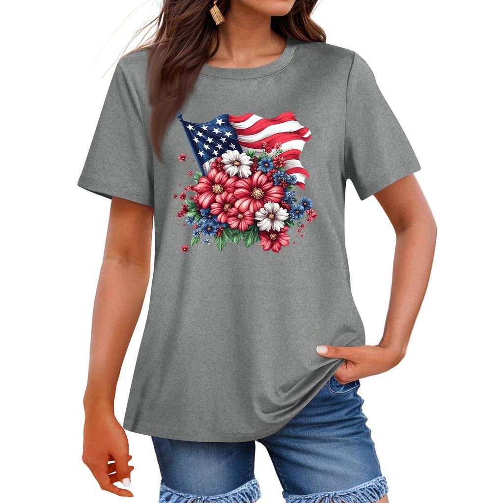 Women's Fashion Independence Day Printed Round Neck Short Sleeved Casual T-shirt Top