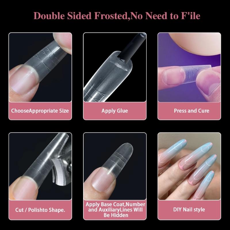Clear Nail Extensions for Women Professional Long Transparent Acrylic Tips with Measuring Scale Full Cover False Nail