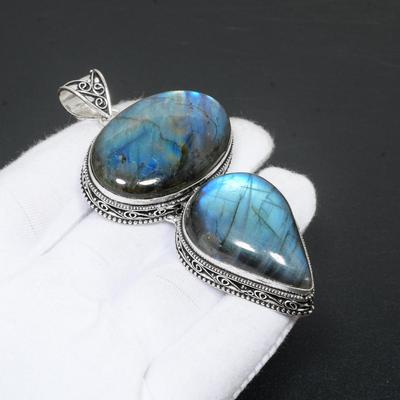 Blauer Labradorit-Edelstein, handgefertigter Anhänger aus 925er Sterlingsilber, doppelter Labradorit-Stein-Anhänger, natürlicher Edelstein-Anhänger für Geschenke