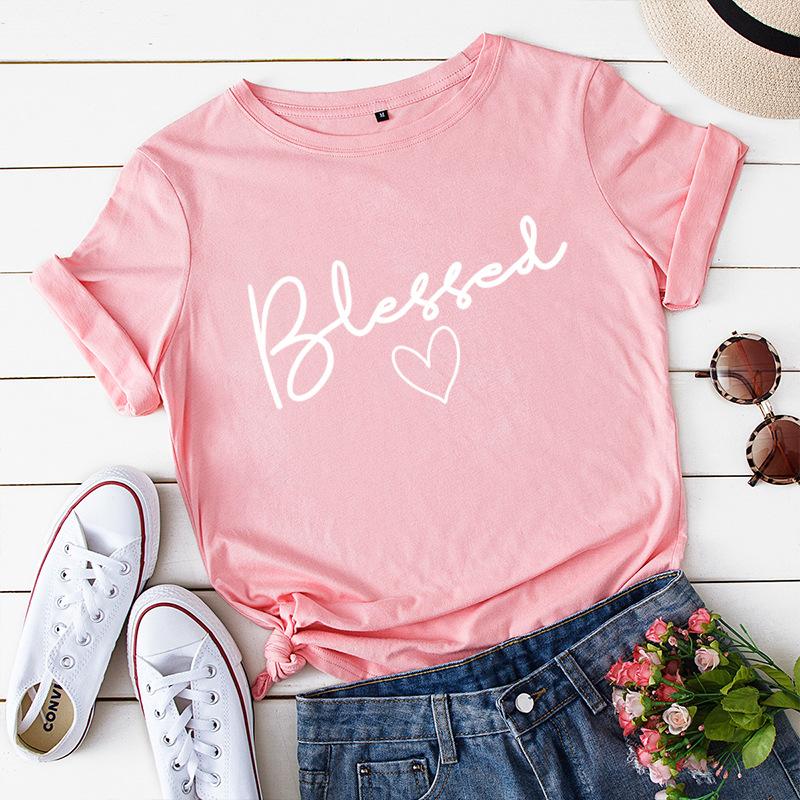 Blessed Letter Cotton T-Shirt Short Sleeve Round Neck Women 2d Print Tops