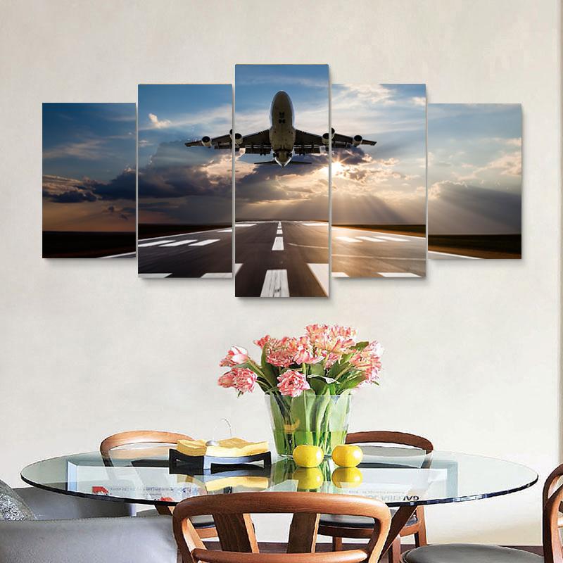 Modern 5 Pieces Airplane Poster Canvas Painting Landscape Sunset Backlight Lawn Wall Art Pictures for Living Room Decor No Frame