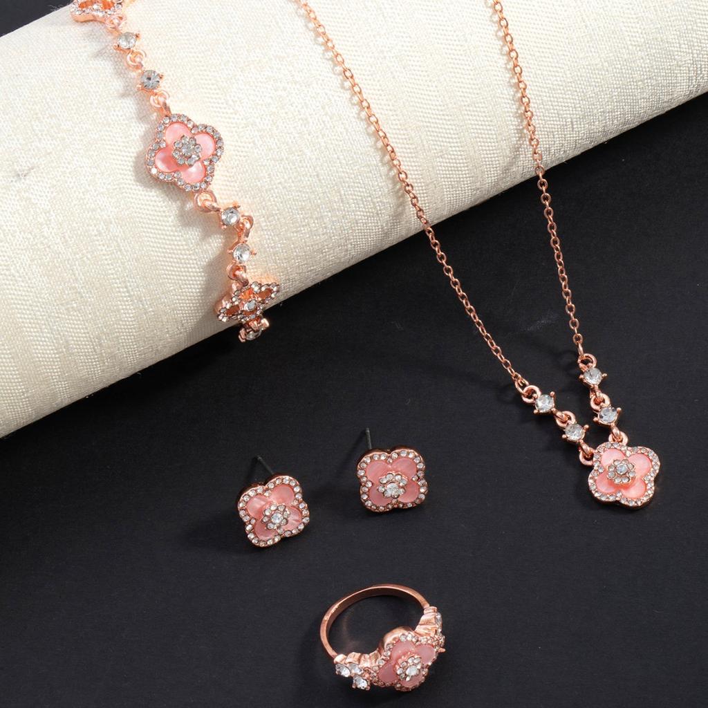 4PCS Diamond Clover Pink Bracelet Necklace Earrings Ring Set Niche Premium Light Luxury Women's