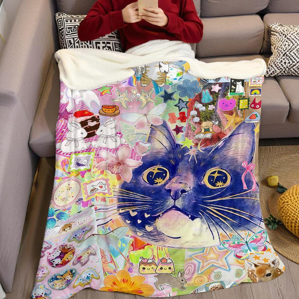 Kawaii Cat Collage Flannel Blanket Warm Soft Halloween Christmas Couch Warm Cozy Decorative Decor Gift for All Season