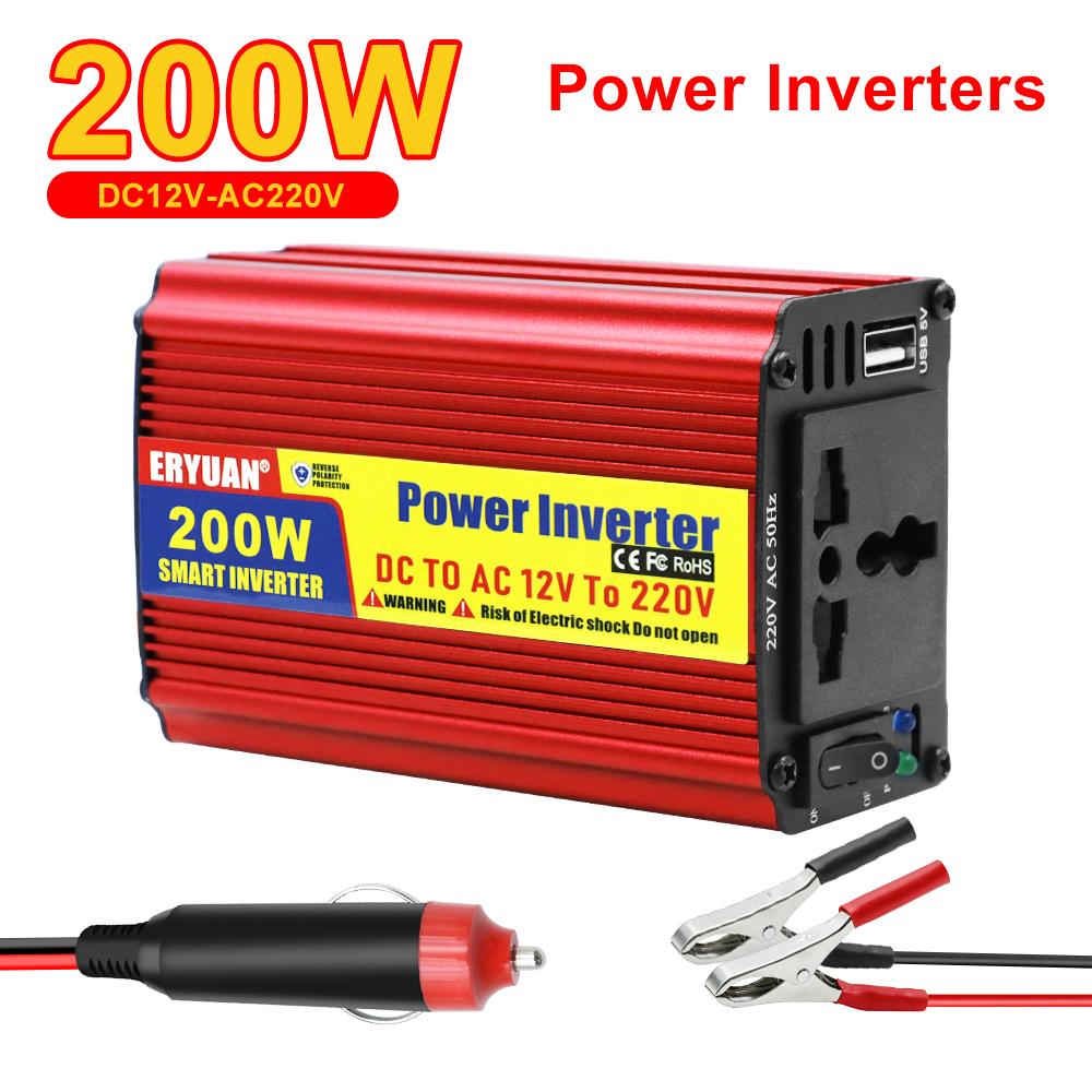 Car power inverter DC/AC converter universal AC socket with USB charger port 200W cigarette lighter plug/clip adapter DC 12V to AC 220V