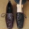 Fashion Skinny Retro Leather Shoes for Women's Spring New Style Square Toe Soft Sole Lace Up Single Shoe, Low Heel Casual Single Shoe