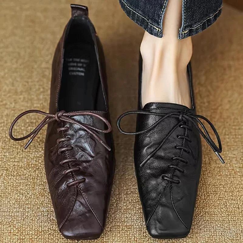 Fashion Skinny Retro Leather Shoes for Women's Spring New Style Square Toe Soft Sole Lace Up Single Shoe, Low Heel Casual Single Shoe