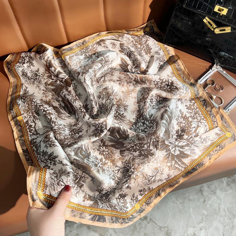 Spring New 100 Mulberry Silk Plain Crepe Satin Silk Scarf Women's Deciduous Forest Printing Silk Small Square Scarf Versatile Scarf