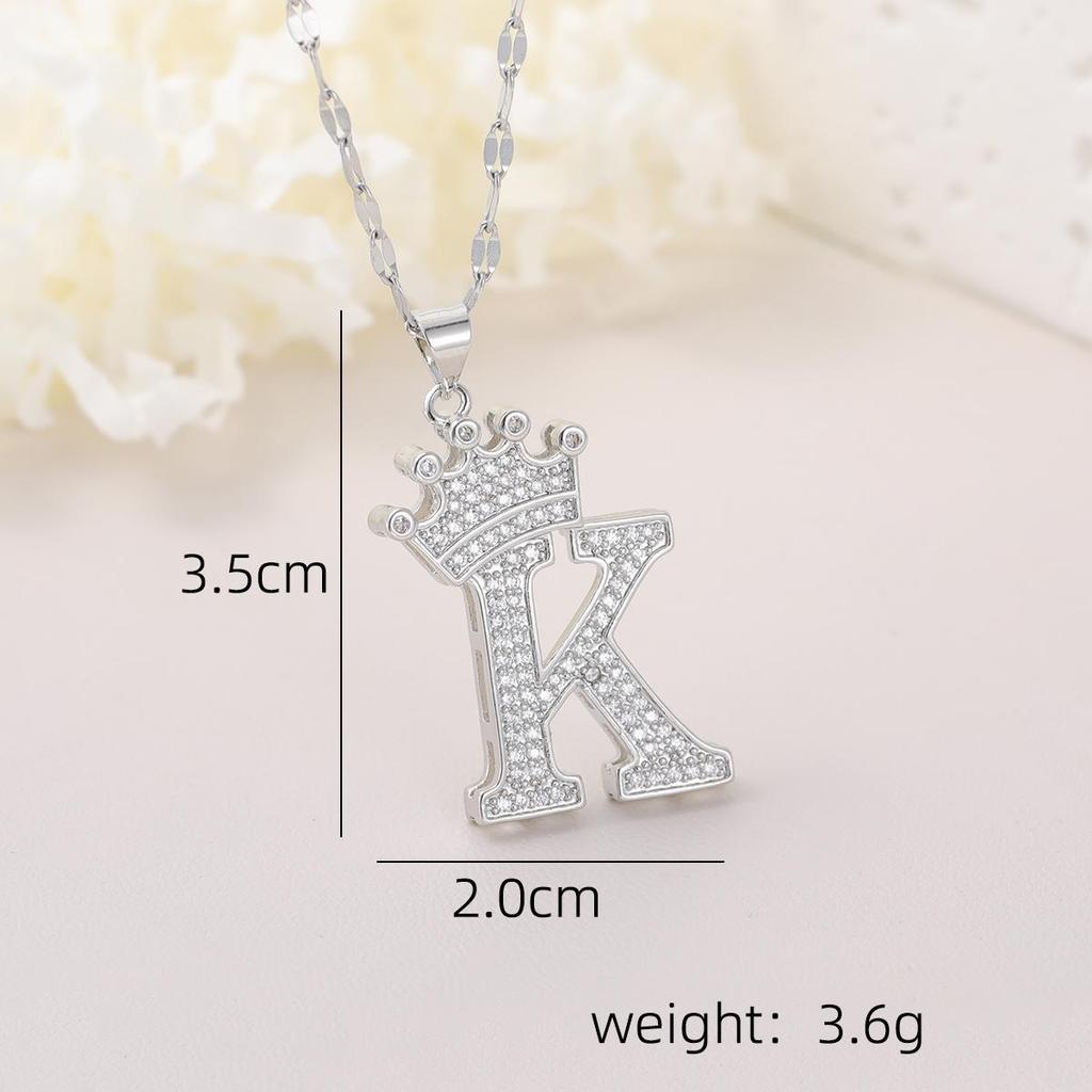Copper Micro-Inlaid Zircon Crown Letter Pendant Necklace - Hip-Hop Silver Fashion