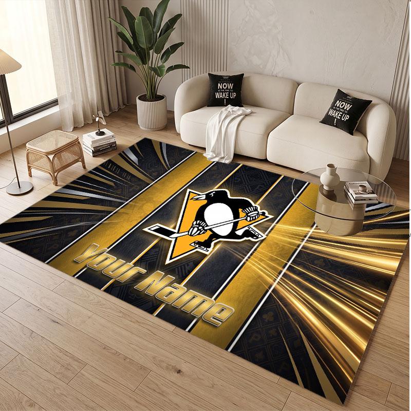 Custom Rug Pittsburgh Penguins Pattern Print Name Text Soft Non‑Slip Floor Carpet for Home Indoor Decoration
