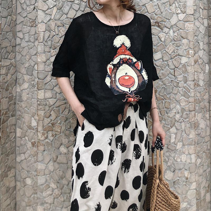 DIMANAF 2025 Women Summer Linen Bat T-shirt Shirt Printed Pattern Blouse Short Sleeve Fashion Tops Tees Loose Tees New