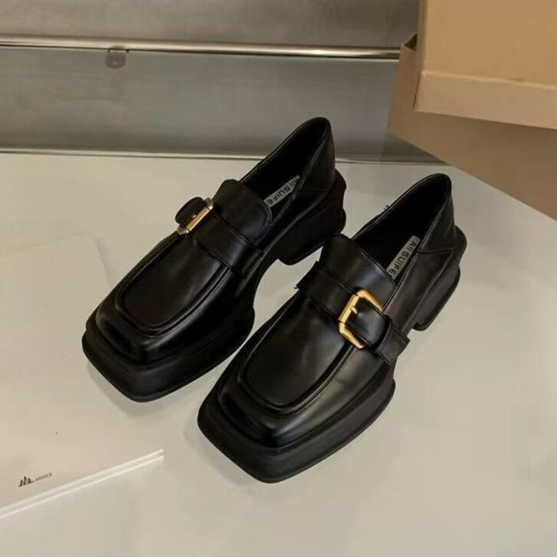 Autumn Winter New Chunky Heel Loafers for Women Vintage Square Toe Thick Sole Slip on Shoes Korean Style Fashion Footwear