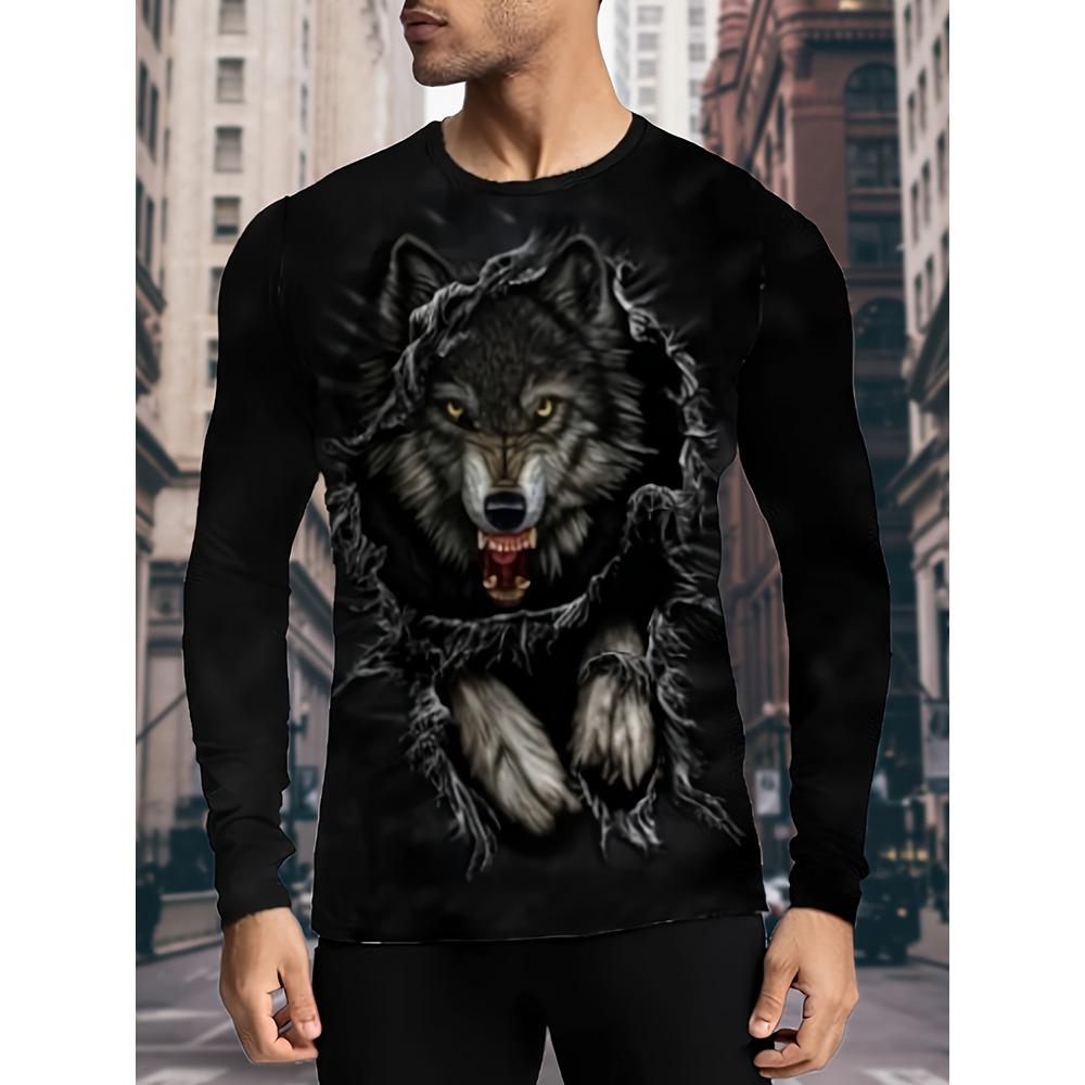 2025 3D Wolf Pack Print Men's Long-sleeved T-shirt Street Style Men's Warm Top For Autumn And Winter Daily Casual Men's Shirt