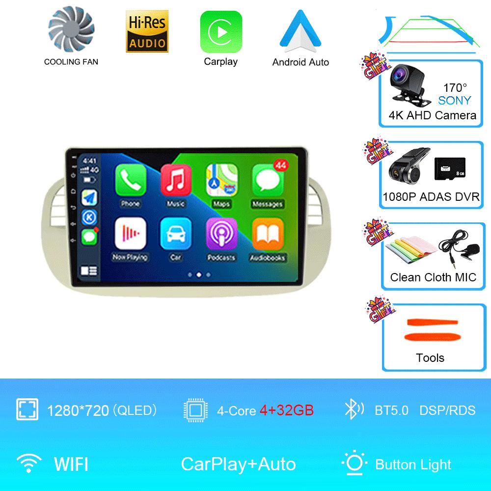 Android 14 Car Radio For Fiat 500 With GPS Navigation Steering Wheel Control Multimedia Carplay& Auto BT WIFI Stereo 360 Camera