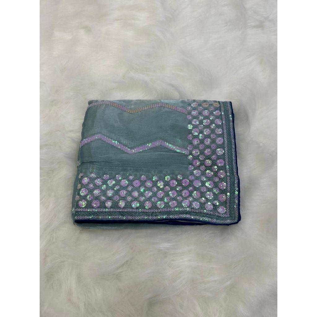 Saree With Beautiful 5MM Sequence Embroidery C-Pallu Work Along With Contrast Piping Border