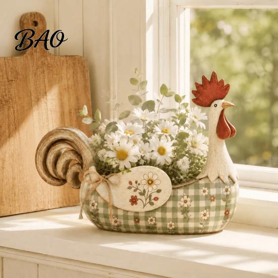 Floral Pattern Kitchen Organizer Vintage Farmhouse Rooster Utensil Holder, Resin Chicken Counter Organizer, Rustic Country Container Cooking