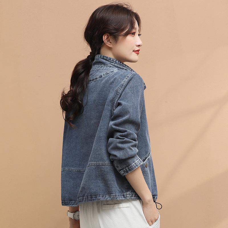 Stand Up Collar Loose Long Sleeved Denim Jacket for Women's Autumn New Patchwork Versatile Short Baseball Jacket