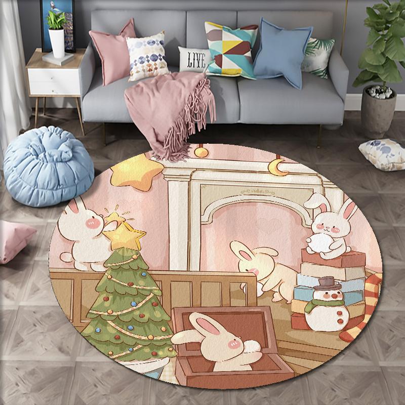 Cartoon Christmas Carpet Round Carpet Santa Claus Sofa Carpet Home Living Room Bedroom Bathroom Printed Decorative Carpet