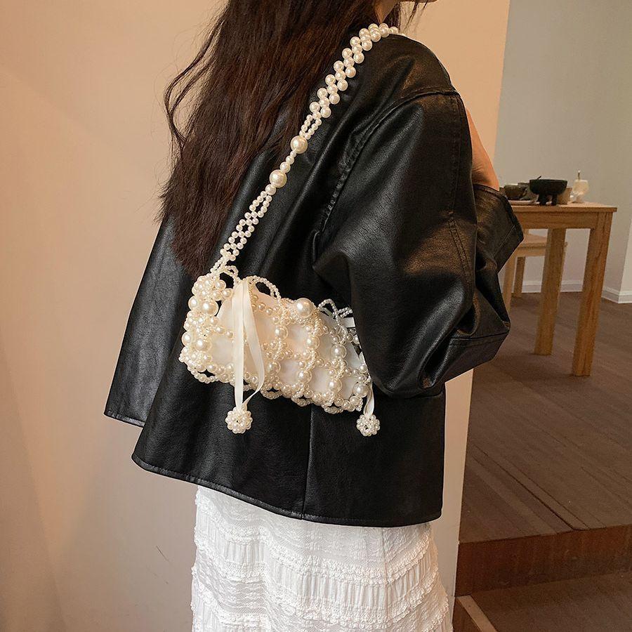 Girls Fashion Mini Woven Crossbody Bag With Pearl Accents And Phone Compartment