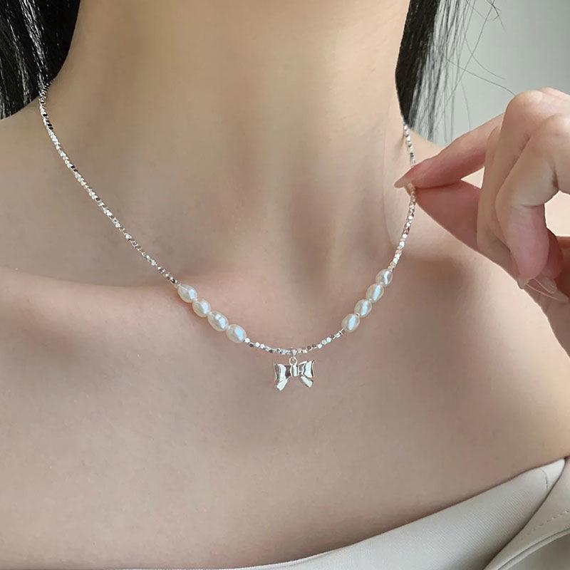 Broken Silver Pearl Bow Necklace Women's Light Luxury Versatile Cold Wind Niche High-end Collarbone Chain Jewelry