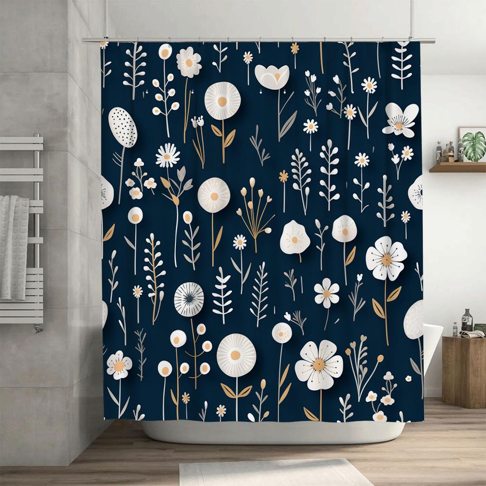 Stilvoller blauer Duschvorhang mit Blumenmuster und weißen und goldenen Akzenten für Badezimmerdekorationen Wasserdichtes Stoffmaterial Erhältlich in
