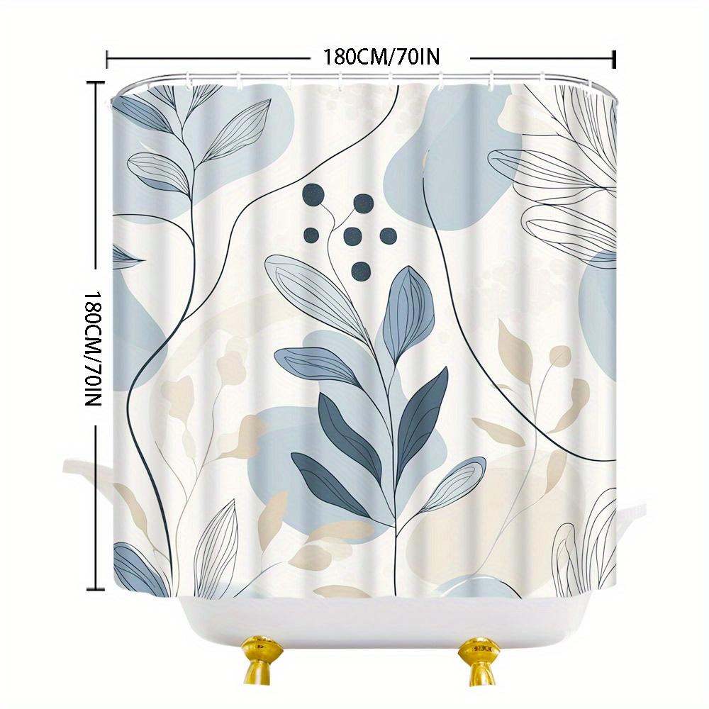 1pc Polyester Shower Curtain - Modern Botanical, Blue & Beige Leaves, Fluid Shapes, 70x70In, 12 Hooks, Machine Washable