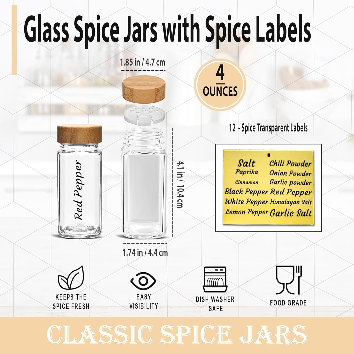 6-Pack 4 oz Glass Spice Jars with Bamboo Airtight Lids & Shaker Tops United States