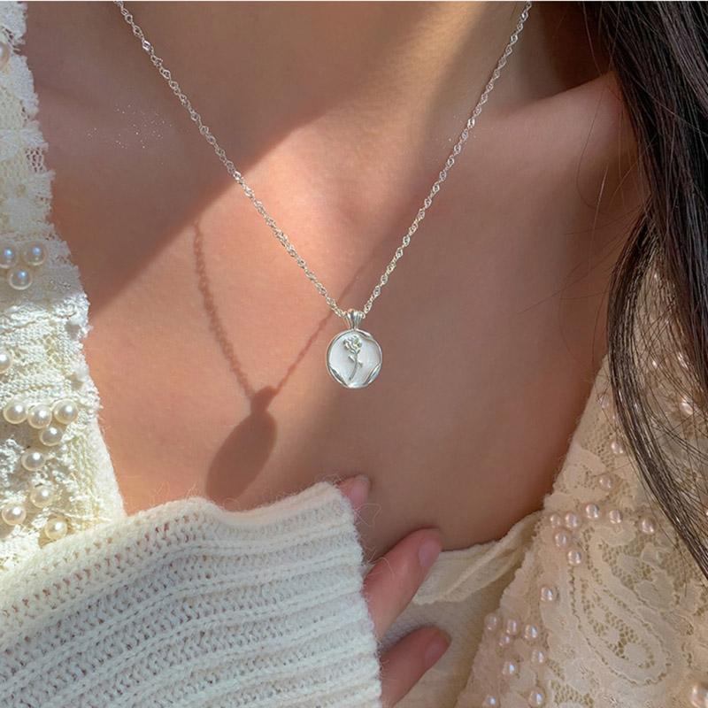 

New 925 Silver Relief Round Enamel Tulip Flower Pendant Dazzling Necklace For Women Wedding Gift Fine Jewelry NK186
