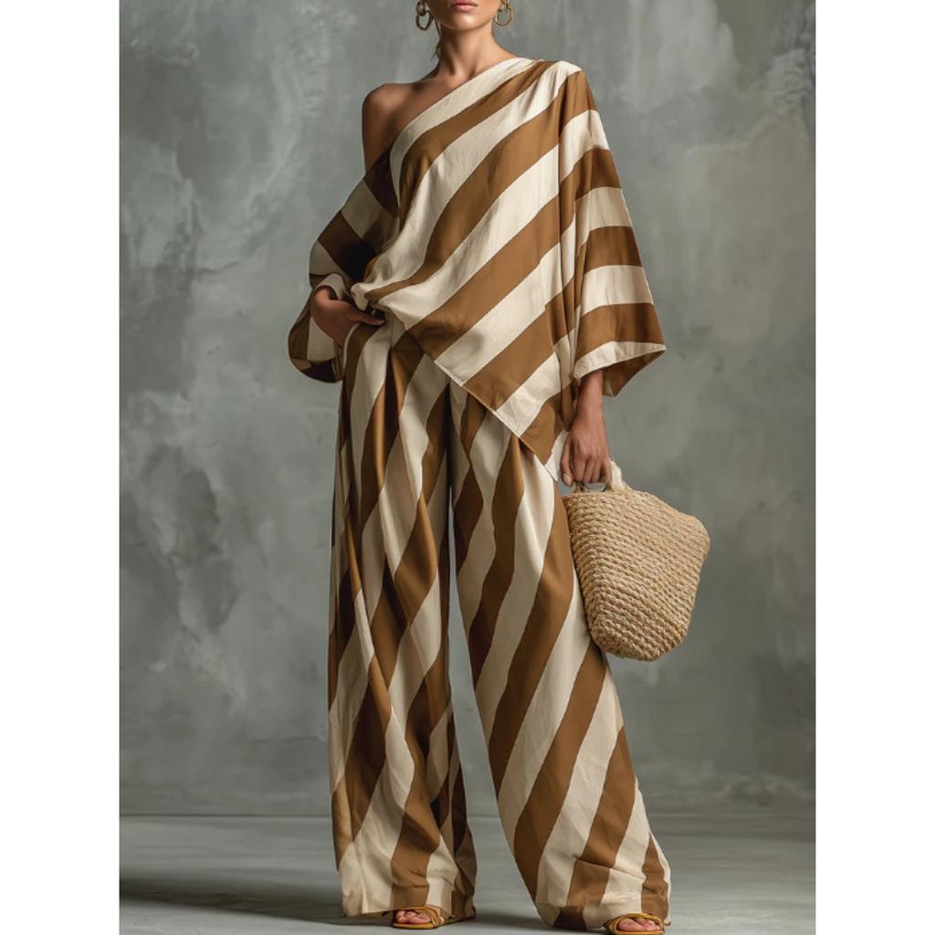 Women's One Shoulder Three Quarter Sleeve Loose Striped Print Top Wide Leg Pants Two Piece Casual Outfit