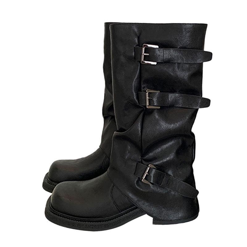 Women's Genuine Leather Black Wrinkled Over-the-Knee Knight Boots with 9cm Inner Height - 2025 New Style.