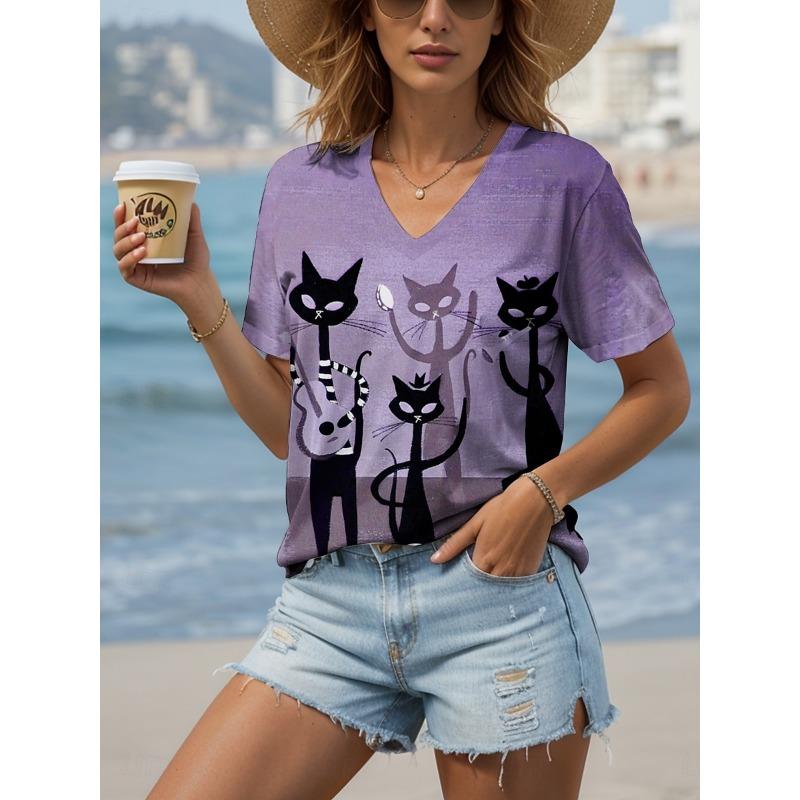 Women's T Shirt Graphic Animal Cat Vintage Stylish Classic Short Sleeve V Neck Regular Tops Daily Print Dusty Rose