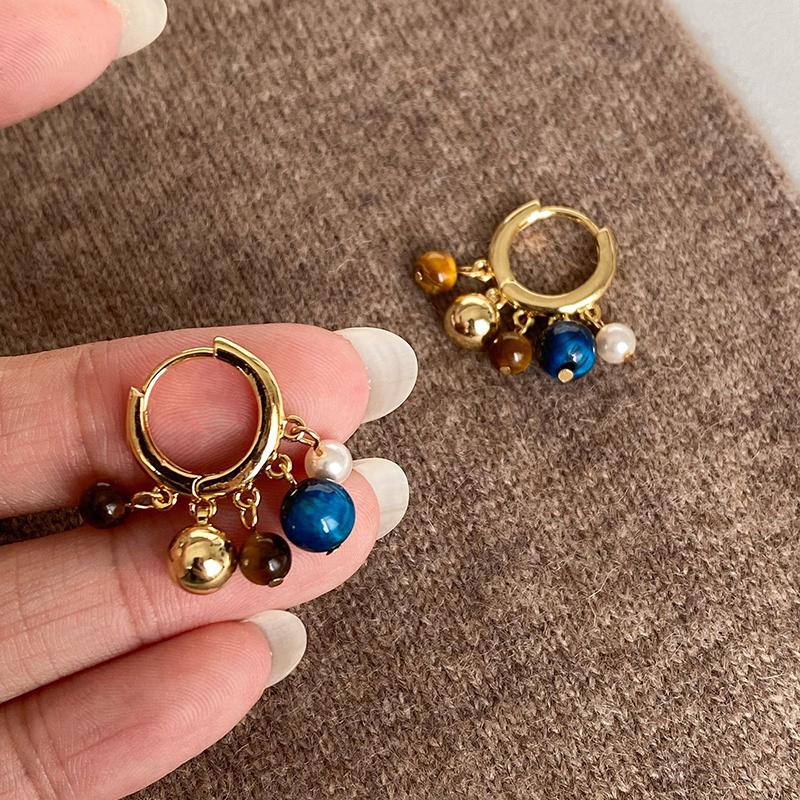 Mallard Color Block Beaded Hoop Earrings Women Brown Stone Pearl Retro Luxury Elegant Design Ear Accessories Commute Daily Gift