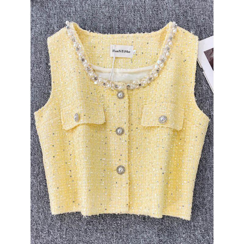 2025 Spring and Summer New Korean Style Heavy Industry Beads Round Neck Sleeveless Single-Breasted Graceful Versatile Temperament Vest Outerwear