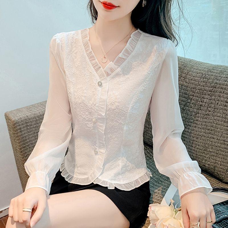 French Jacquard V-neck Shirt Women's Chiffon Long-sleeved Flared Sleeve In Spring and Autumn with Design
