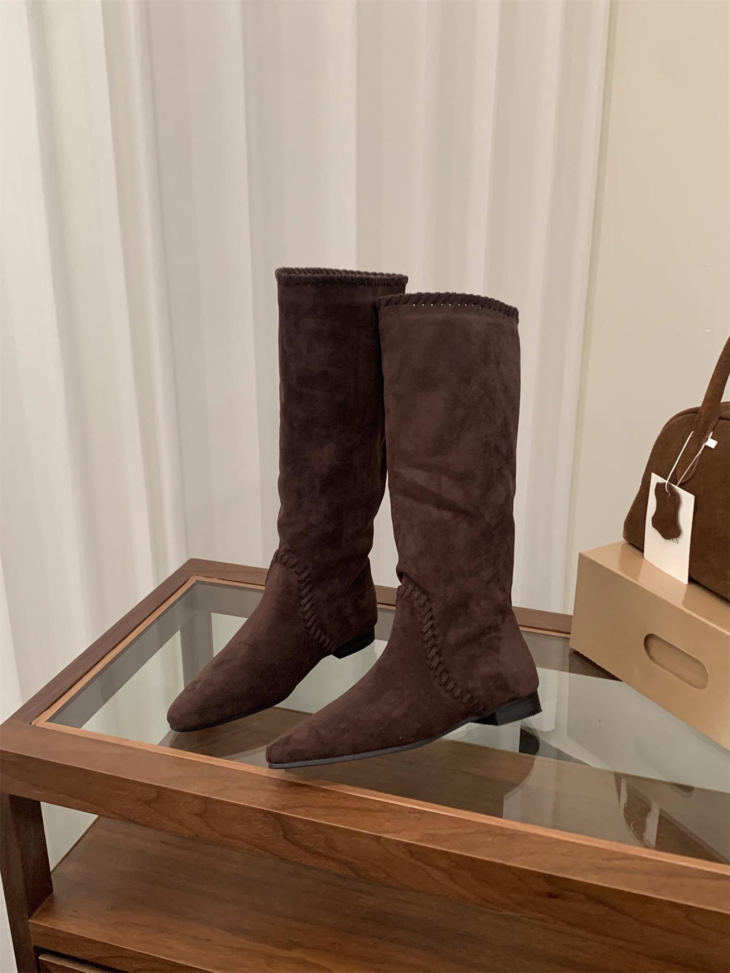 

Coarse Heel Brown Maillard Medium Boots Women s Boots 2025 Fall/Winter Suede Braided Pointed Pile Boots Boots Boots 39