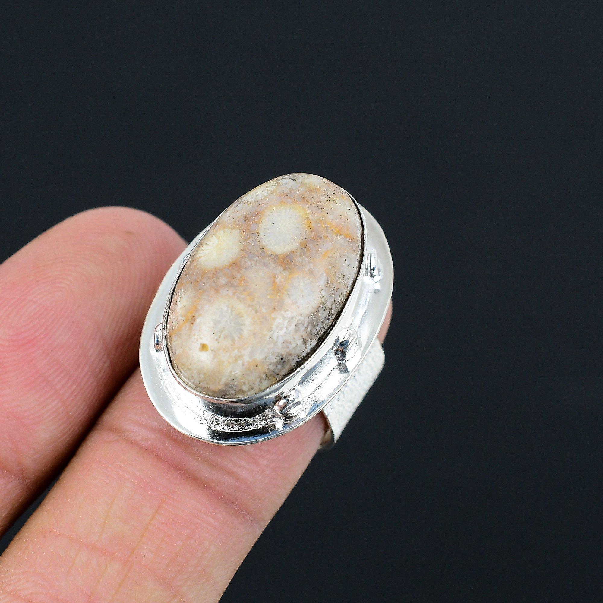 Womens day Sale 925 Sterling Silver Fossil Coral Gemstone Promise Ring Size 8 8