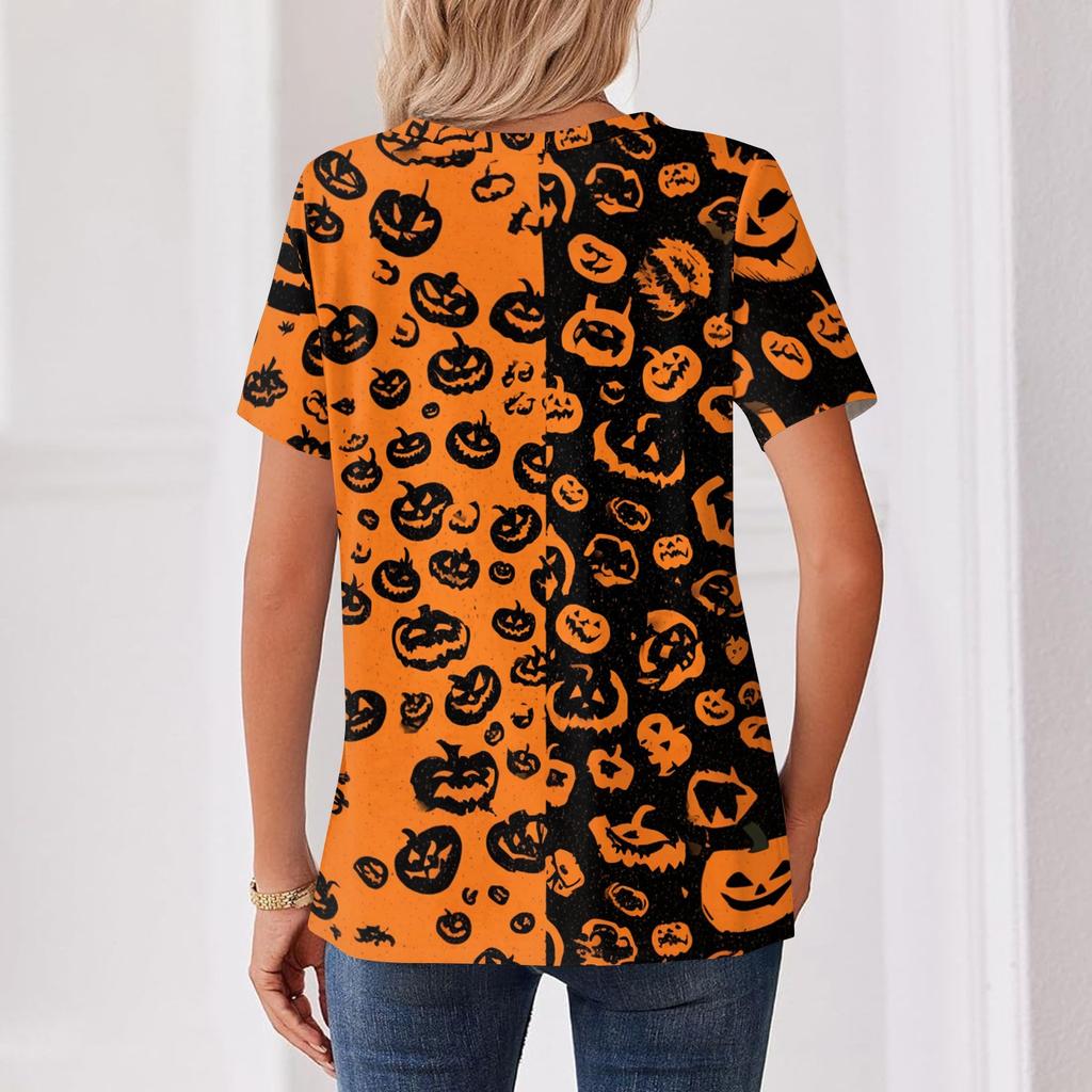 Womens Casual Halloween Print V Neck Short Sleeve Button Decor T Shirt Top Lightweight Comfortable Fit