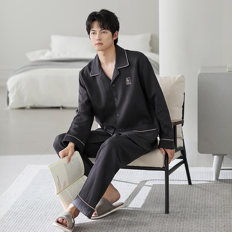 Pajamas Men'S Spring And Autumn Thickened Pure Cotton Long Sleeve Interlayer Air Cotton Homewear Men'S Autumn And Winter Thin Padded Cotton Suit