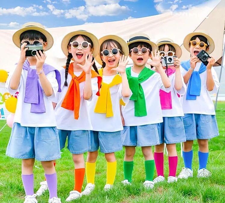 Colorful Shawl T-shirt & Denim Skirt/Shorts Set for Kindergarten Graduation 110cm