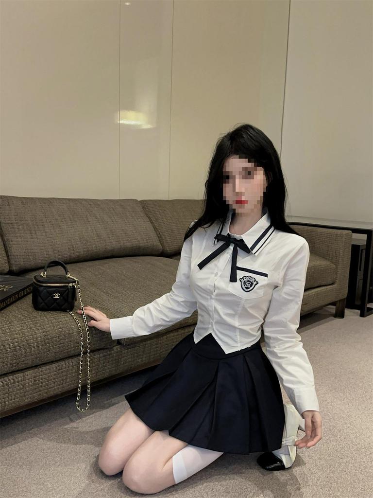 Preppy Autumn JK Set: Long Sleeve Shirt & High Waist Pleated Skirt