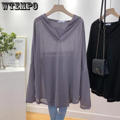 Large Size T-shirt Women's Long Sleeved Summer Ice Silk Thin Style Medium Long Style Hooded V-neck Mesh See Through Sunscreen Clothing