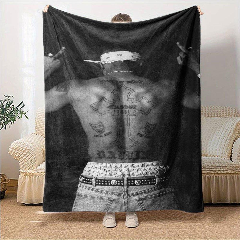 1pc 2PacHip Hop Blanket Soft Lightweight All Season Multi Purpose Throw for Sofa, Bed, Office & Picnics, French Style with Iconic Album Art & Quotes