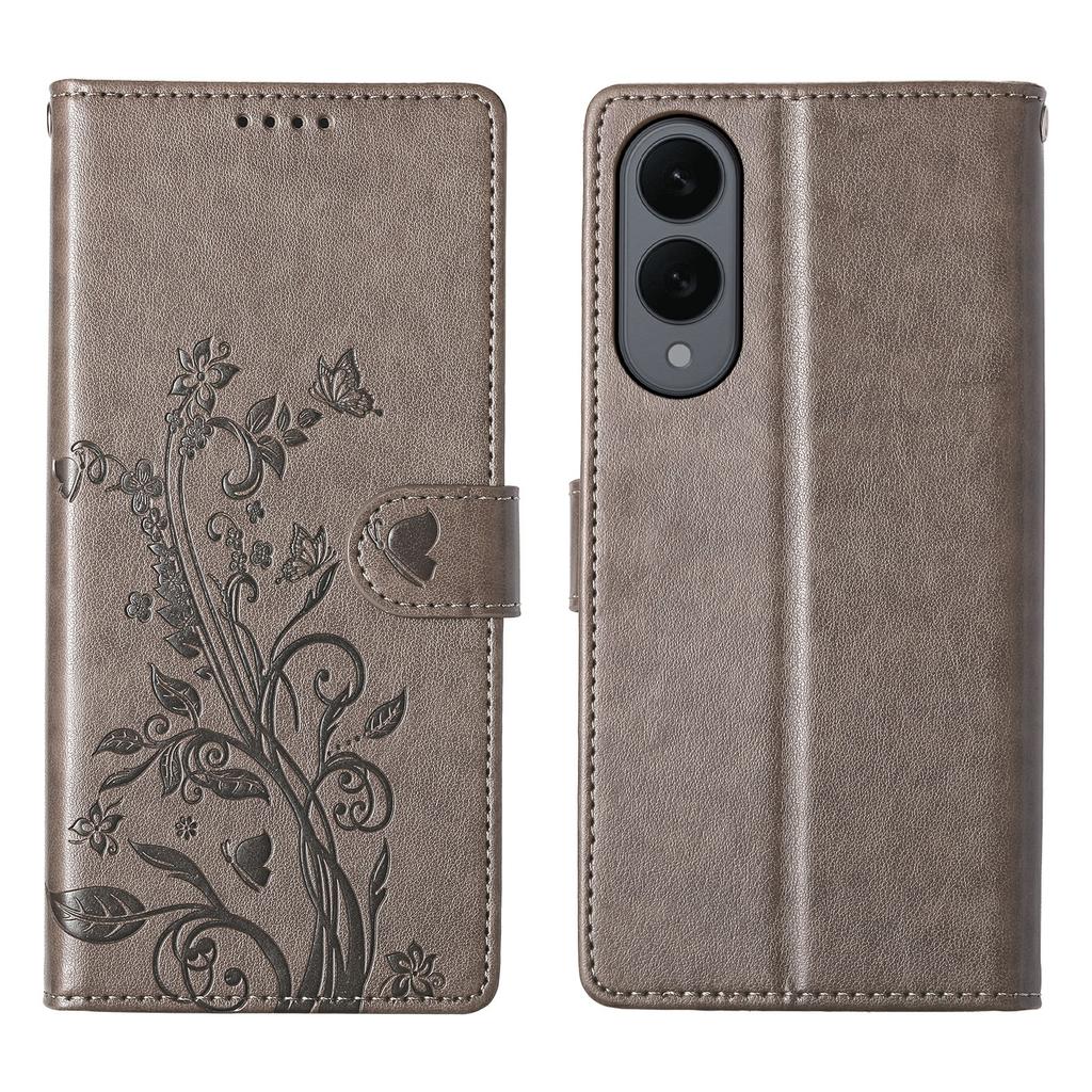 For Samsung Galaxy S25 Edge Wallet Case Butterfly Floral Imprint PU Leather Phone Cover with Wrist Strap
