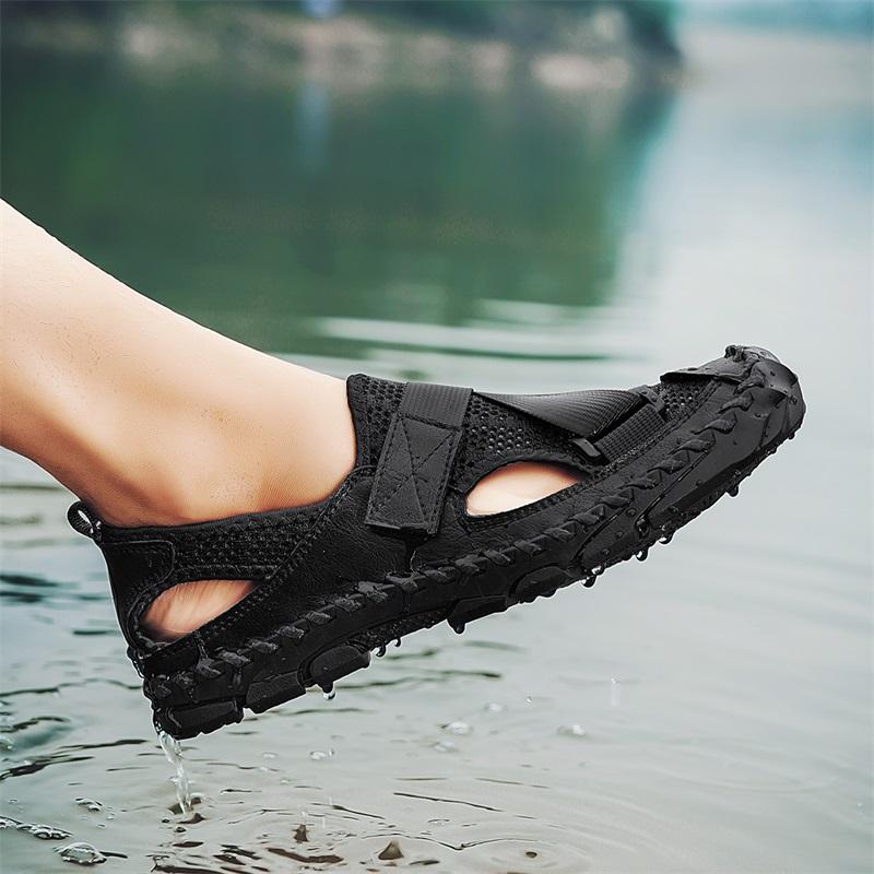 Herren Outdoor Wandersandalen Handgefertigt Sommer Römische Sandalen Retro Weit Geschlossene Zehen Grau Strand Wasserschuhe Übergröße