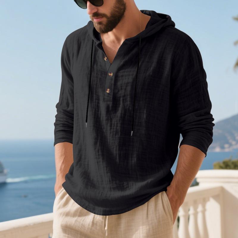 Mens Loose Casual Hooded Long Sleeve Breathable Solid Linen T Shirt