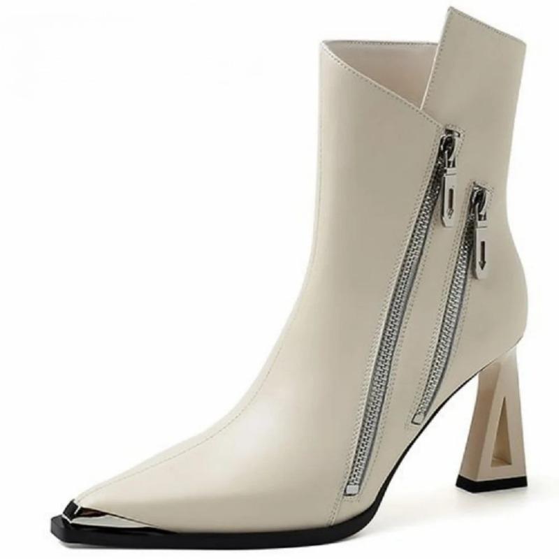 NOWE Ręcznie Robione Markowe Skórzane Damskie Kozaki do Kostki na Wysokim Obcasie z Podwójnym Zamkiem Błyskawicznym Modne Buty z Wycięciem 33-40
