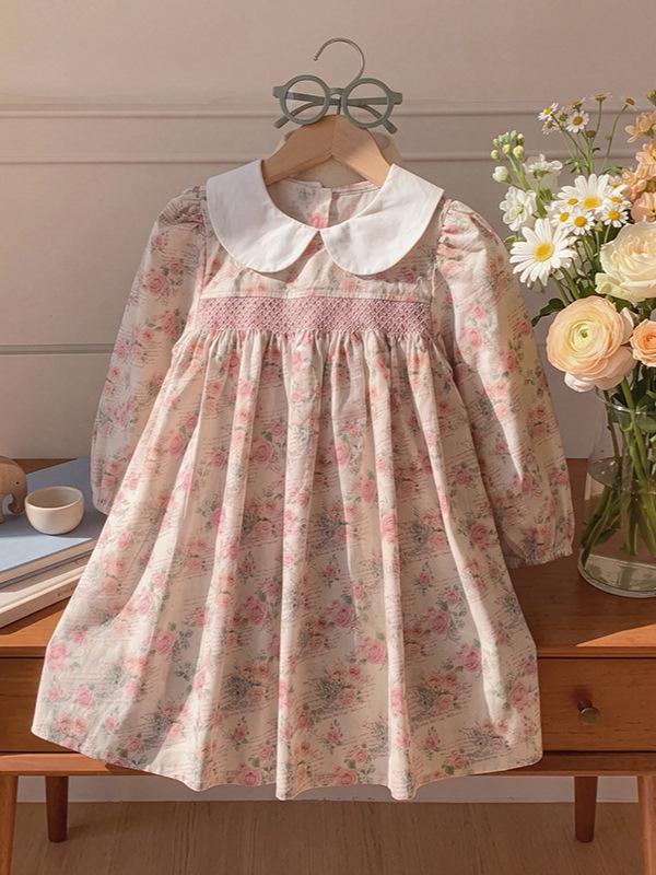 2026 Autumn French-Korean Style Doll Collar Girls' Printed Long Sleeve Dress with Ruched Skirt