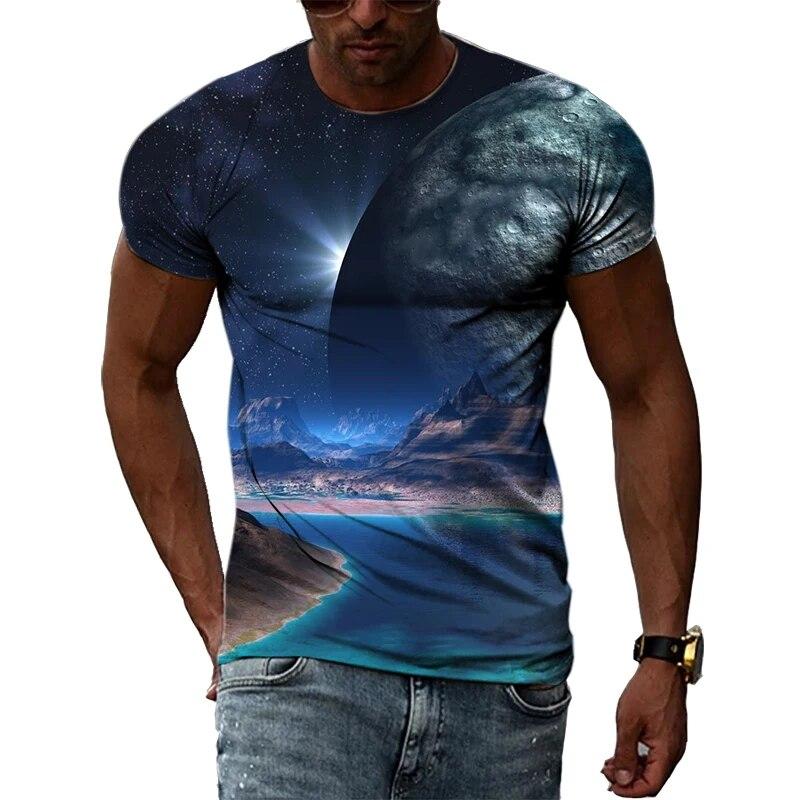 Fashion New Creative Cosmic Planet Graphic T Shirts Summer Men Casual Science Fiction Pattern Printed O-neck Short Sleeve Tops