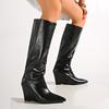 Fashion Pointed Toe Wedge Heel Knee High Boots for Women Autumn Winter Slip On Black Long Boots Woman Fashion High Tube Pu Leather Botas