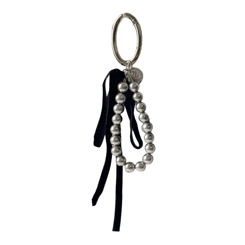 

Ribbon Bowknot Pearls Keychain Lovely Decorations Keyring Ornament Backpack Handbag Charm Pendant for Girls Women серый