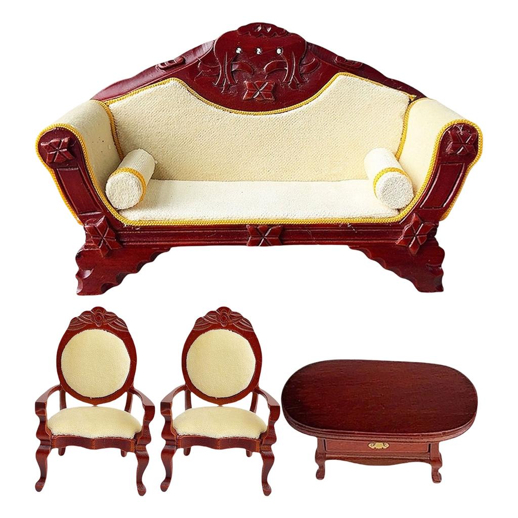 1:12 Scale Dollhouse Miniature Living Room Mahogany Sofa Armchair Coffee Table Set For Realistic Display